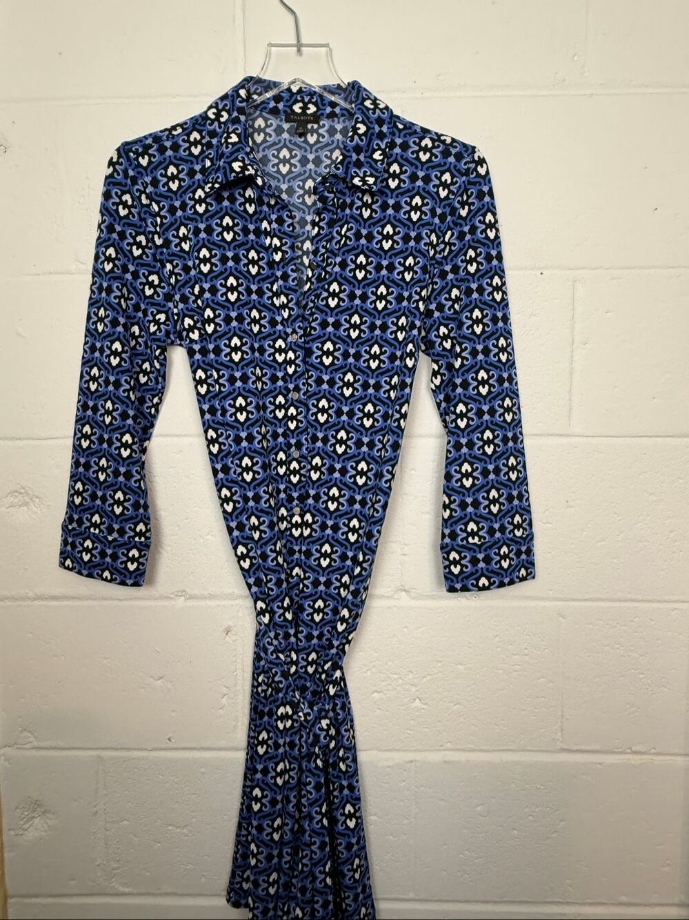 Talbots Blue Black Geometric Tile Print Belted Shirt Dress Medium 3/4 Sleeve